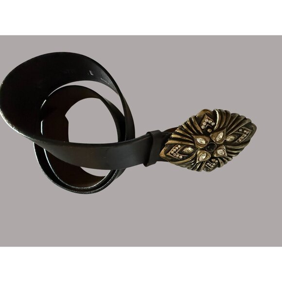 Vera Pelle Vintage Made In Italy Black Leather Belt Ornate Gold Buckle Inlays - Picture 2 of 8